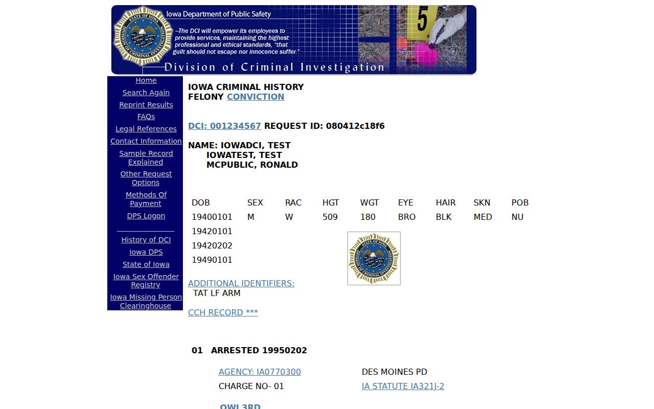 Morning Sun criminal history Iowa DCI fictional sample result